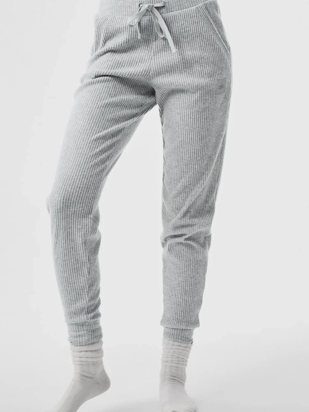 ALO Yoga Ribbed Cropped Hoodie & Jogger Set - Light Gray